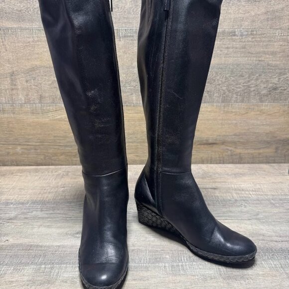 Bruno Magli Black Leather Knee High Wedge Heel Boots Women's Size EU 37 - Picture 1 of 7